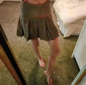 Nectar NWOT Plaid Knit Mini Skirt Pleated Brown Red Tan Schoolgirl A Line